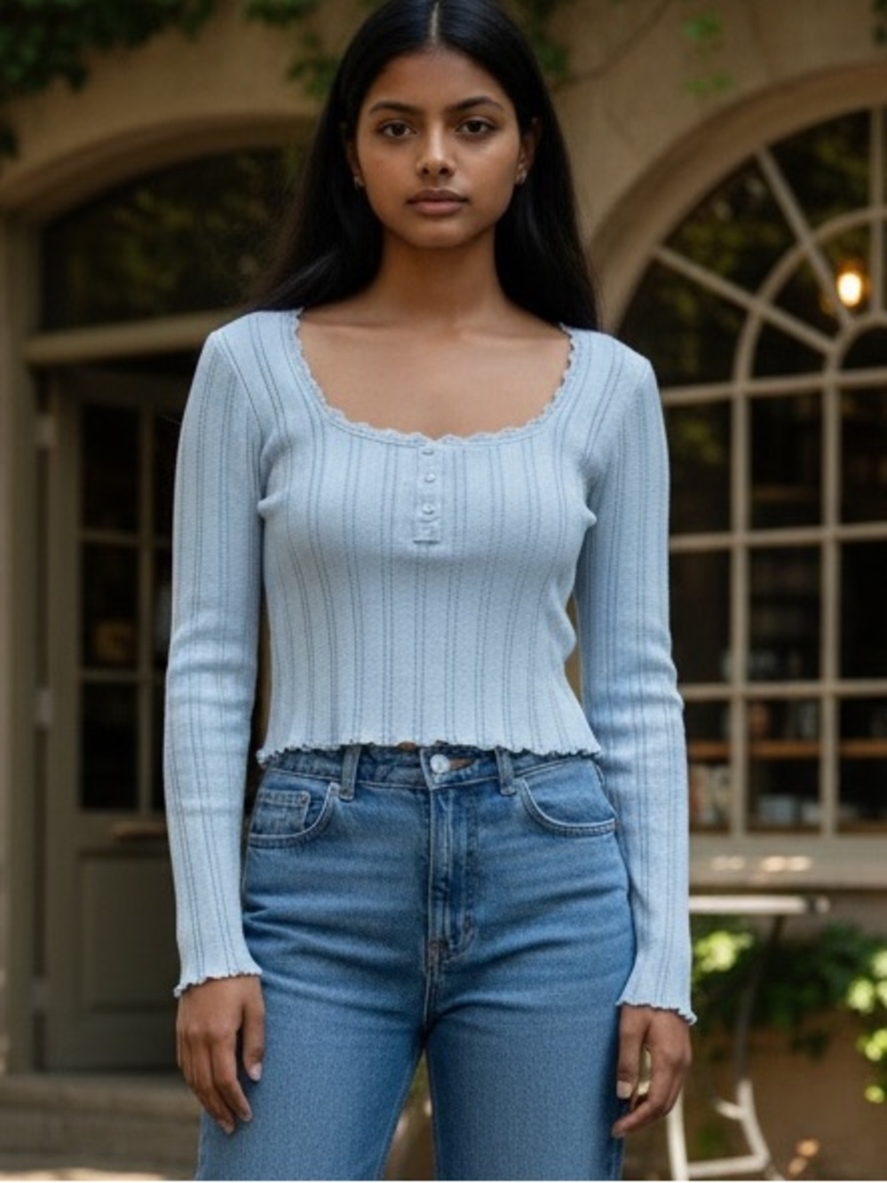 Pink Rose Sz M Baby Blue Lettuce Edge Long Sleeve Button Henley Top